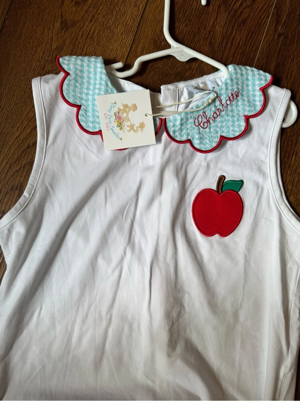 Girls White Top & Mint Skirt Set with Red Apple and Bow